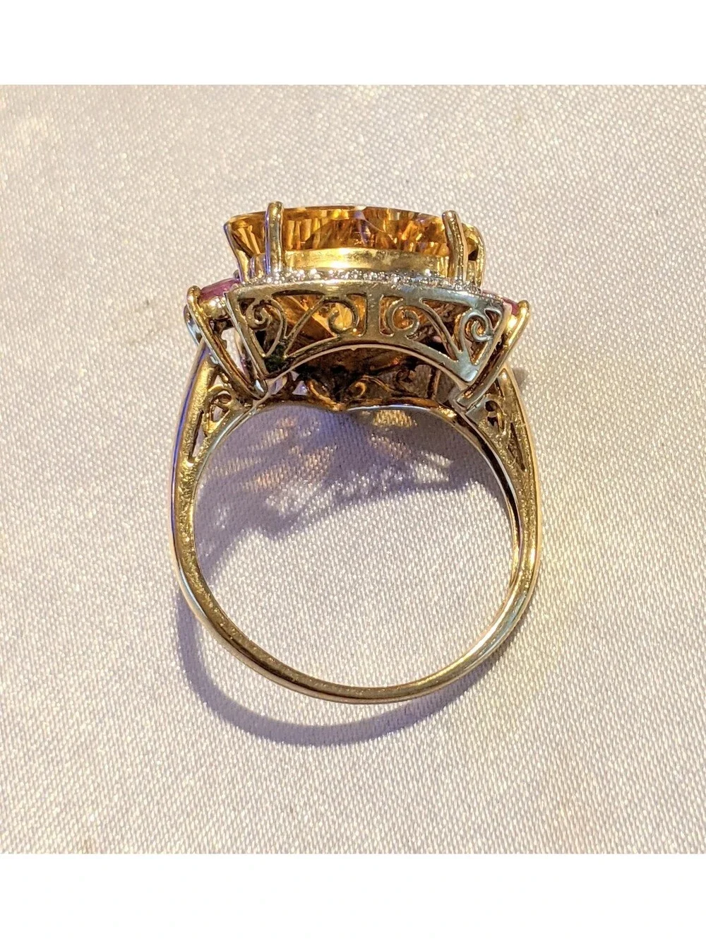 VTG Trillion Cut Citrine And Pink Tourmaline Fancy 10K Gold Cocktail Ring Size 8